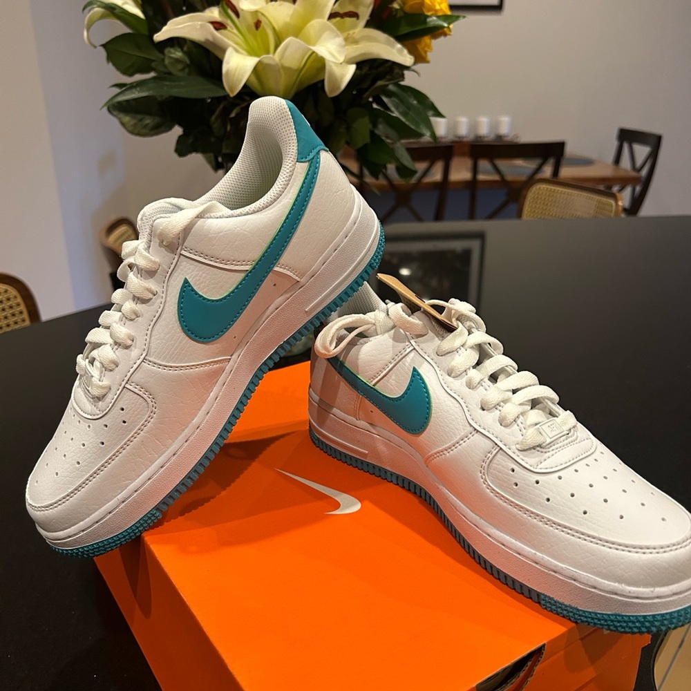Nike Air Force 1s White and Teal Sneakers